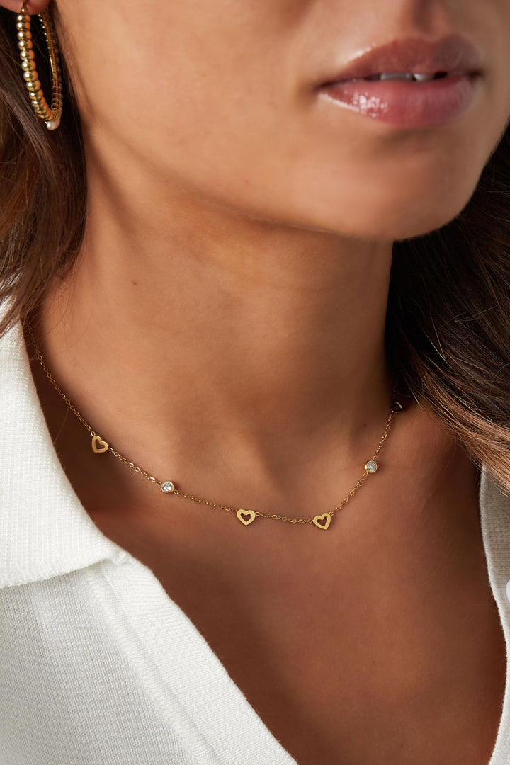 Necklace with heart and diamond charms - stainless steel