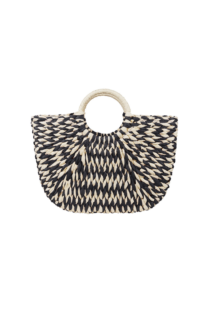 Braided beach bag with round handle - black & white